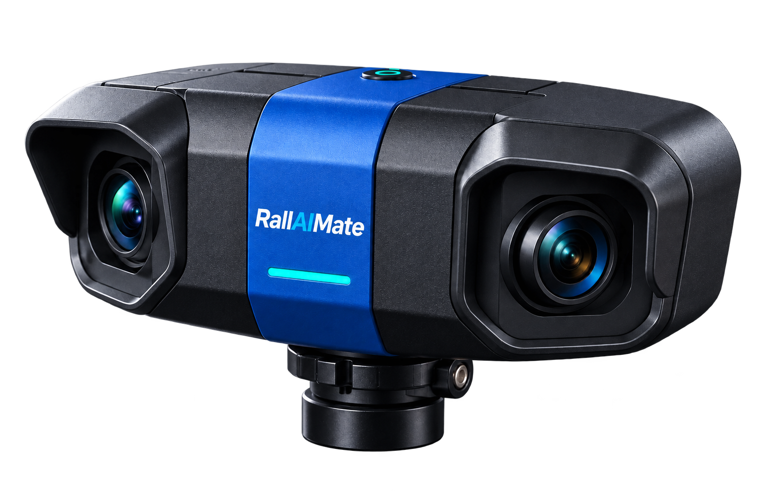 RallAIMate Court Pod concept render: graphite body, cobalt band with wordmark, two hooded lenses, quick-release base