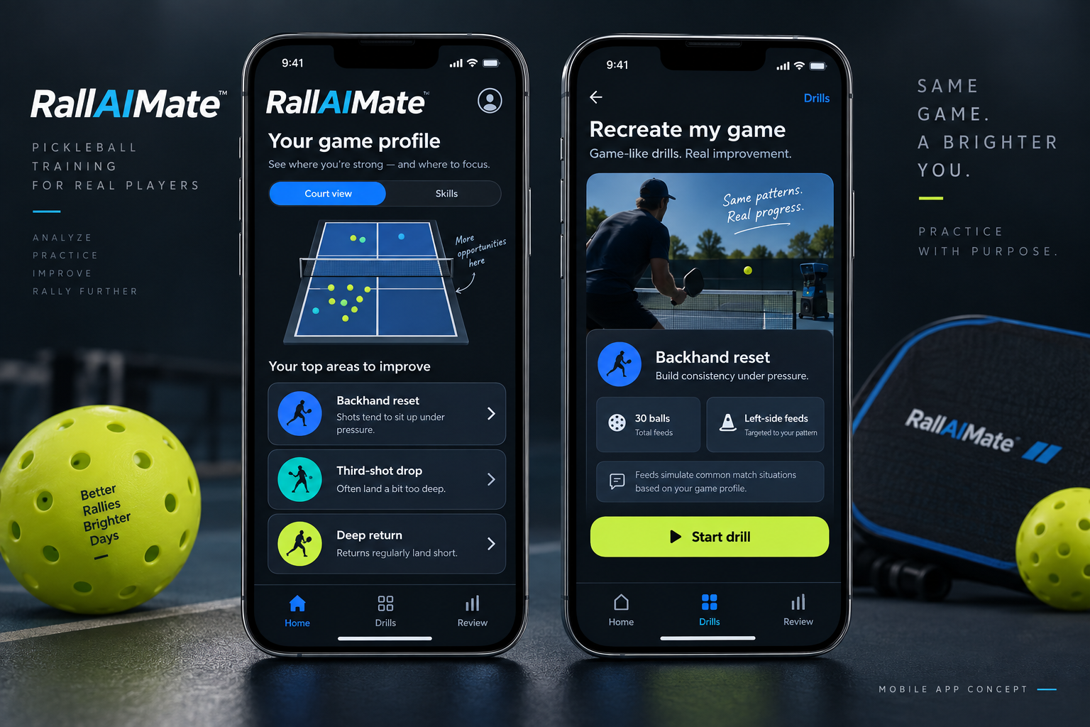 RallAIMate mobile app concept showing a game profile with backhand reset, third-shot drop and deep-return weaknesses, beside a personalized drill setup